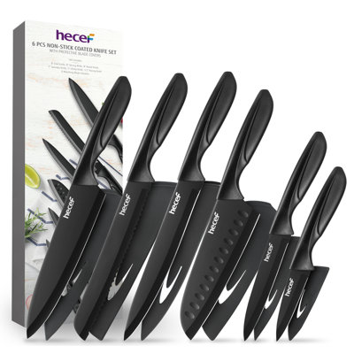 Hecef 6-Piece Kitchen Knife Set With Blade Sheaths – Nonstick Coated Stainless Steel, Ergonomic Handles, Dishwasher Safe