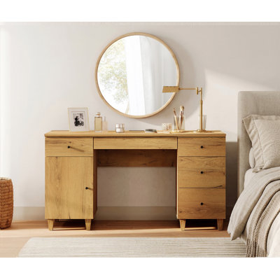 58" Wooden Vanity Desk With Drawers And Storage Cabinet, Modern Makeup Dressing Table With Charging Station For Bedroom