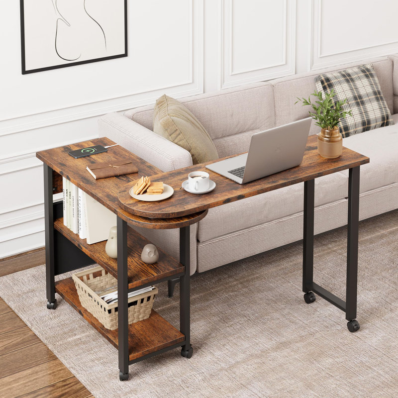 360° Rotating Side Table with Charging Station & Storage Bag, 6 Lockable Wheels, Mobile Swivel End Table for Bedroom, Living Room