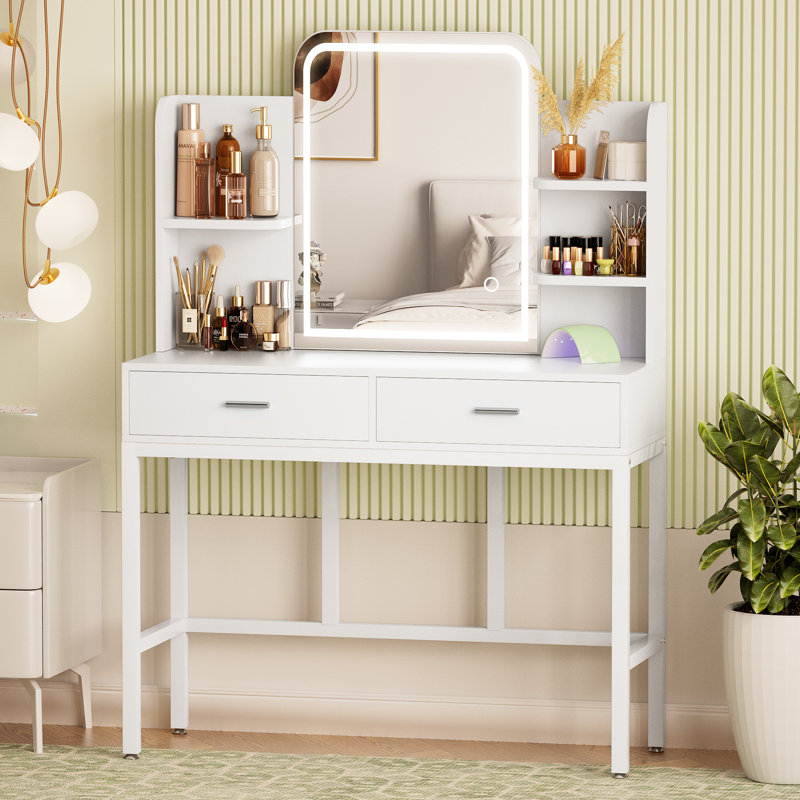 Makeup Vanity with 2 Storage Drawers, Vanity Desk with Mirror and Lights, White