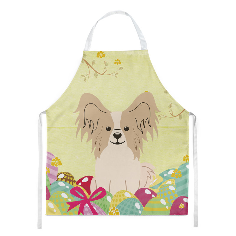 Tablier œufs de pâques, Jaune / beige, Chien papillon brun-noir