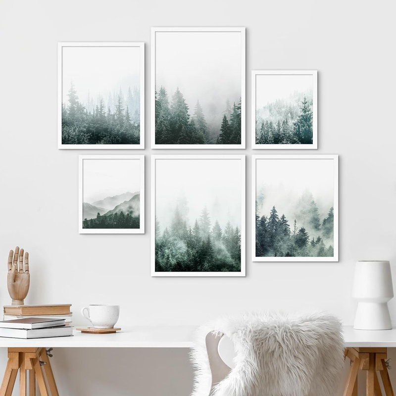 «Collage Misty Pine Tree Forest Mountain Landscape Modern Art for Living Room, Room, Office, encadré sur papier, impression de 6 pièces