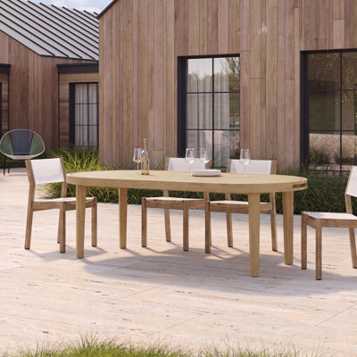 70" Oval Acacia Wood Outdoor Dining Table with Slatted Top, Weathered Finish