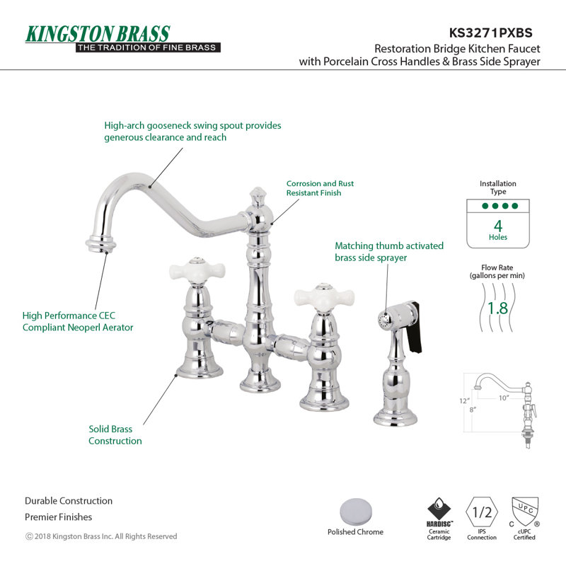 Kingston Brass Restoration Two-Handle 4-Hole Deck Mount Bridge Kitchen Faucet with Brass Side Sprayer, Polished Chrome
