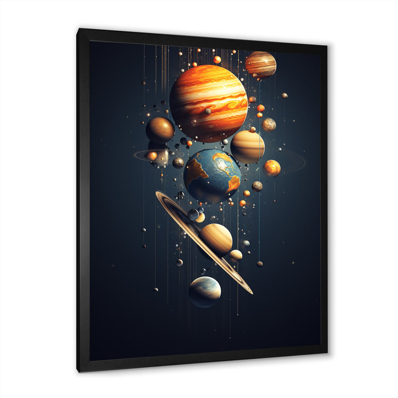 Art mural bleu et orange, planète Odyssey IV, Cadre simple noir, H 32 po x l 16 po x P 1 po