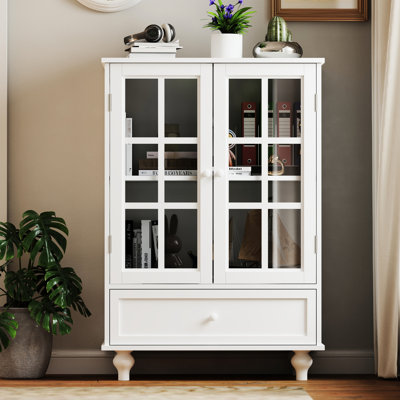 Modern Living Room Buffet Cabinet With Double Glass Doors And Drawer - Minimalist White Wooden Sideboard Cupboard For Dining Room, Hallway, Entryway Customizable Spacing In Design