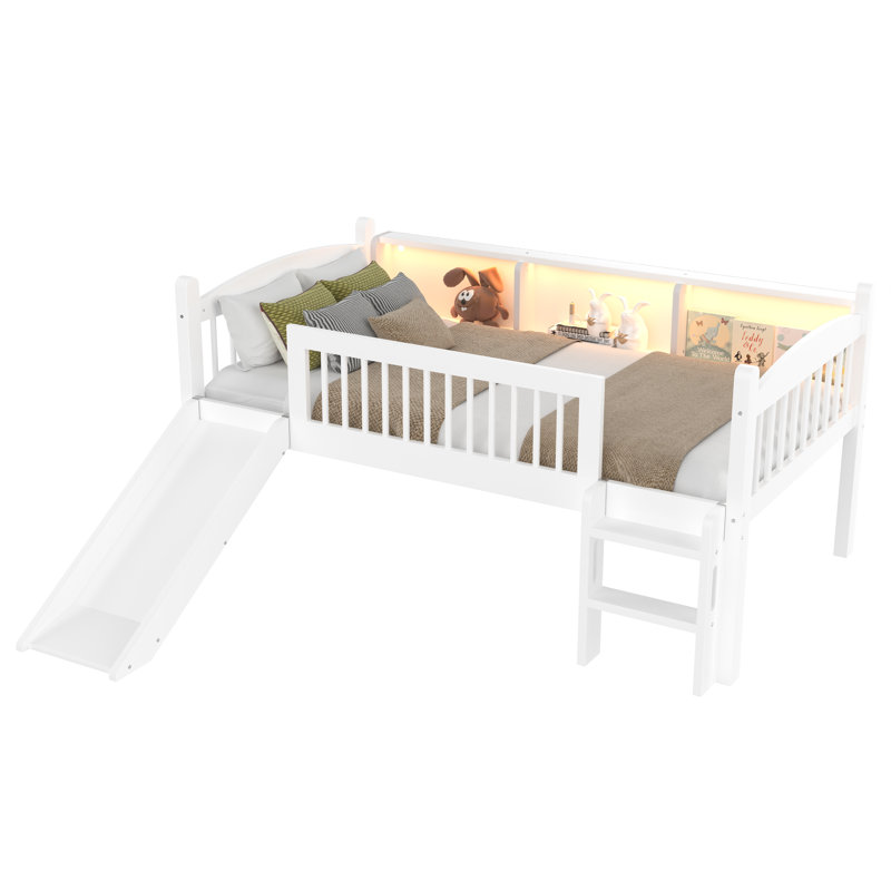 Twin Size Solid Wood Loft Bed with Storage Shelves, LED Lights & Full-Length Guardrails, No Box Spring, White, Twin, White