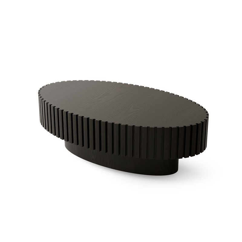 Oval Coffee Table Handcrafted Relief Sturdy Pedestal Wooden Olive-Shaped Tea Table For Living Room, Black