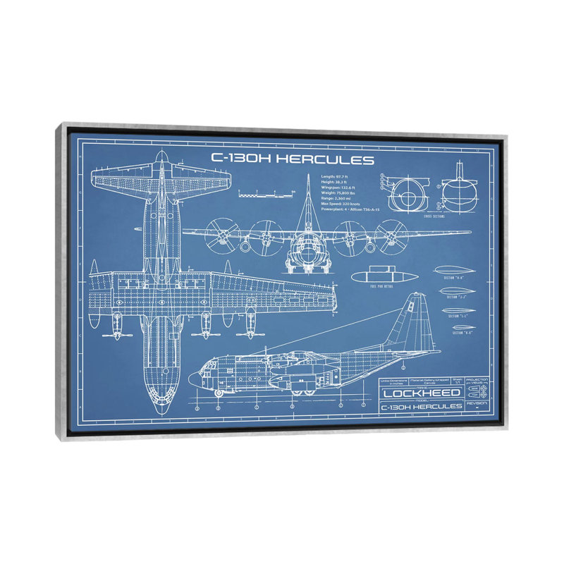 Blueprint d’avion C-130 Hercules-impression de dessin, Pas de tapis, H 26 po x l 40 po x 1,5 po, Toile avec cadre argent