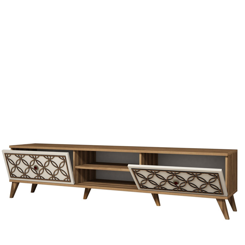 Meuble télé moderne avec de nombreuses tablettes, noyer et crème, 70,9 x 17,3 x 13,8 pouces | 100% panneau de particules enduit de mélamine, épaisseur: 0,7 pouce | Fixation murale, conception géométrique élégante, pieds en plastique durables