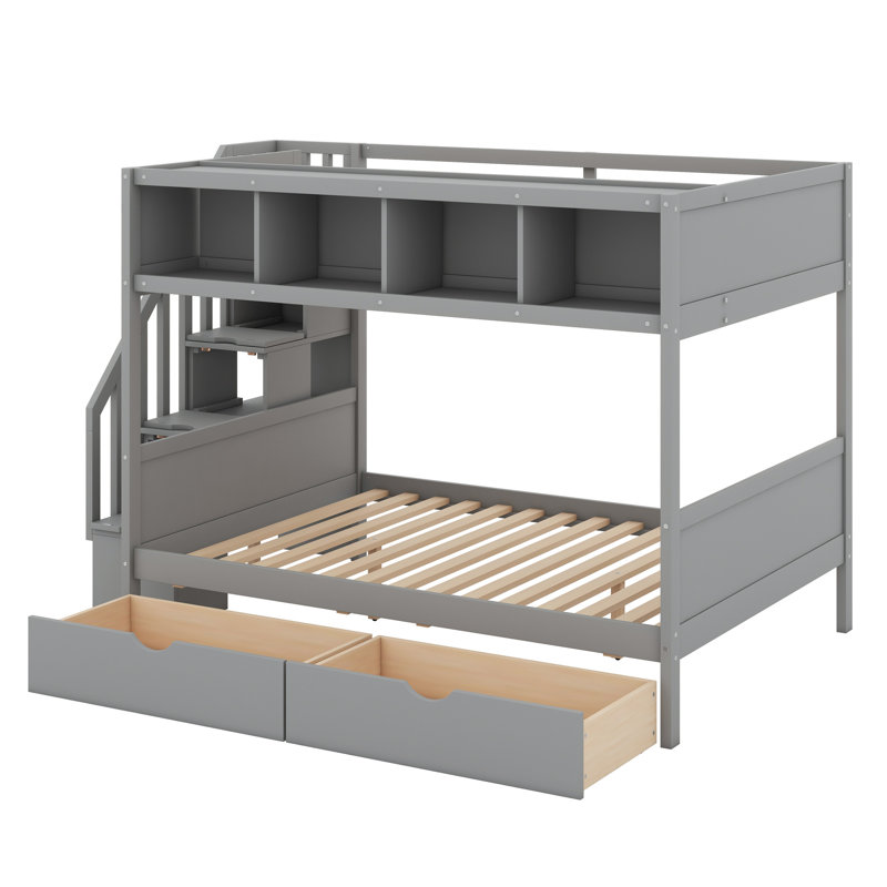 Lit superposé avec tablettes, escalier de rangement et 2 tiroirs, Gris