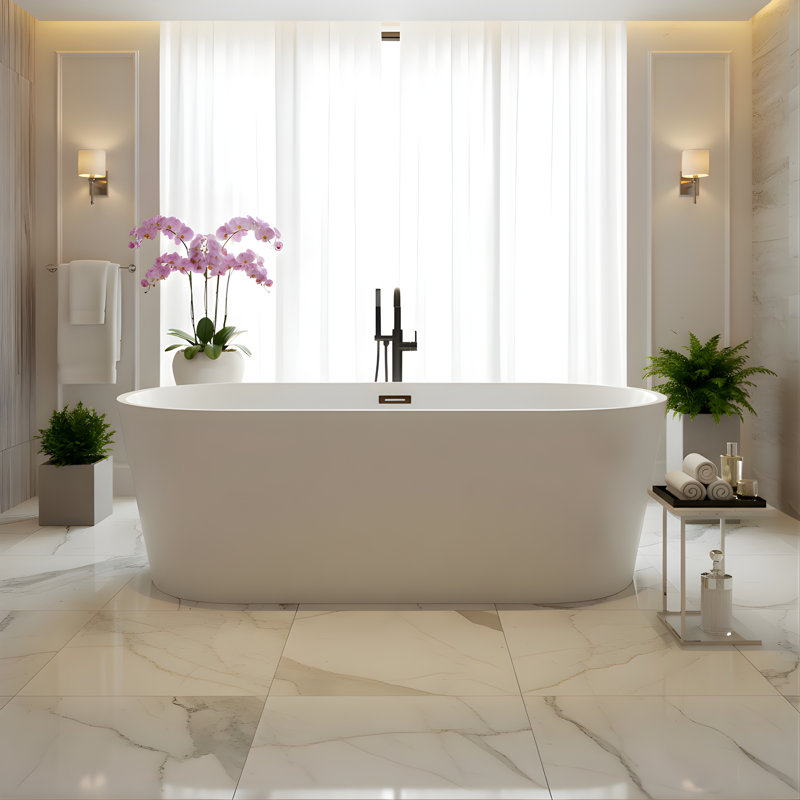 67" x 32" Freestanding Soaking Acrylic Bathtub, White/Oil Rubbed Bronze