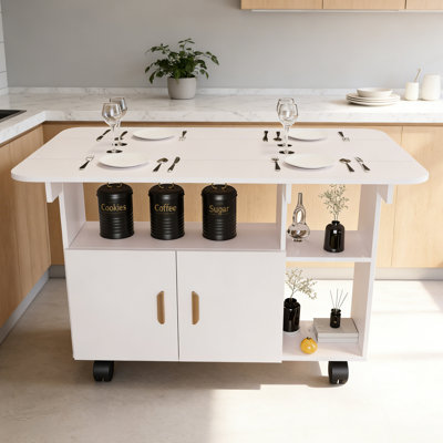 Table de salle à manger pliante blanche moderne et mobile avec abattant rectangulaire, roulettes et tiroir pour les petits espaces.