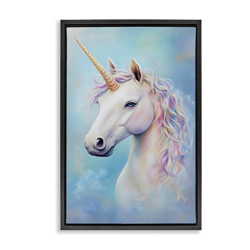 Licorne blanche sur cadre flottant bleu, design Creative Studio, Cadre flottant noir de jais, H 25 po x l 17 po