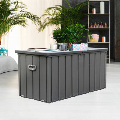 Boîte de rangement extérieure imperméable, grand bac de rangement pour patio pour coussins extérieurs, coussins décoratifs, outils de jardin, verrouillable (gris foncé)