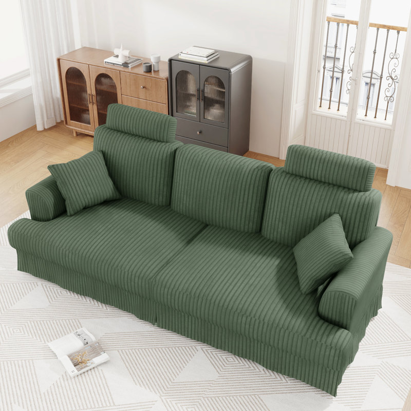 Modern 222cm Corduroy Recessed Arms Sofa With Removable Headrest, Green