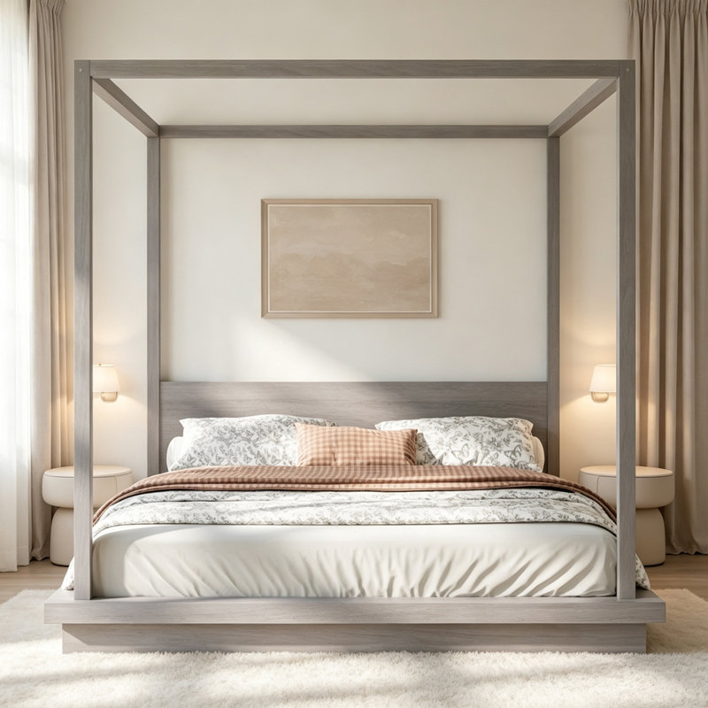 Lit plateforme à baldaquin en bois avec tête de lit, Grey, King