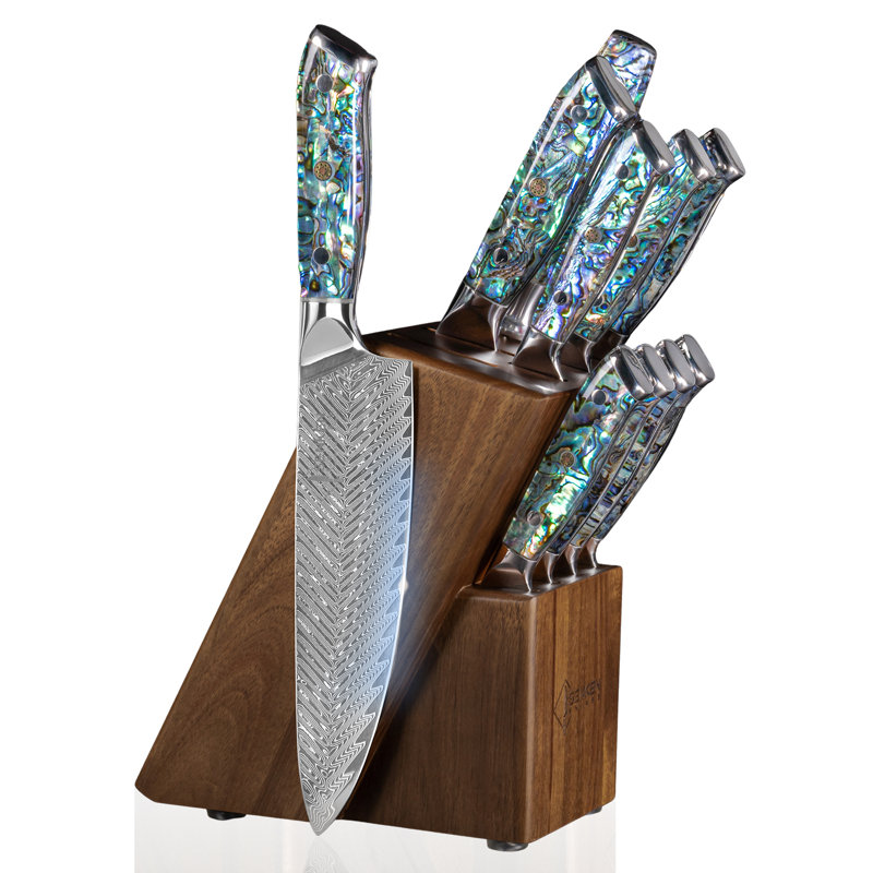 Senken Knives 11-Piece Damascus Knife Block Set with Abalone Shell Handle - 67-Layer Japanese Steel