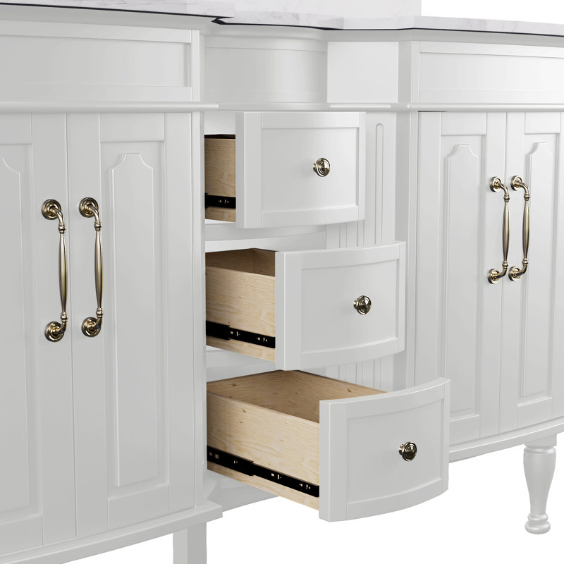54" European Double Bathroom Vanity with Marble Countertop and Ceramic Sink, White