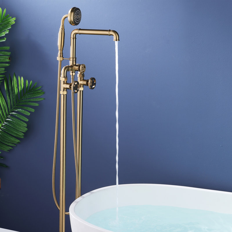 Robinet de baignoire sur pattes à trois poignées, Or brossé