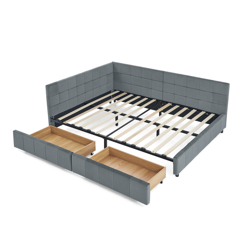 Cadre de lit double capitonné avec rangement pleine grandeur, cadre de canapé-lit avec dossier et accoudoirs confortables, lit double pour chambre à coucher, salon, velours