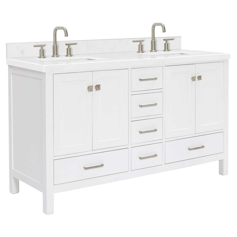Ensemble de meuble-lavabo double 60 po , Blanc / nickel brossé, Rectangular