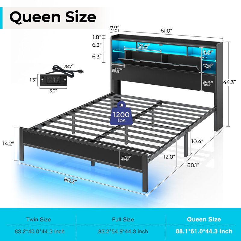 Zohreh Metal Bookcase Storage Bed with RGB LED Lights and Charging Station, Queen
