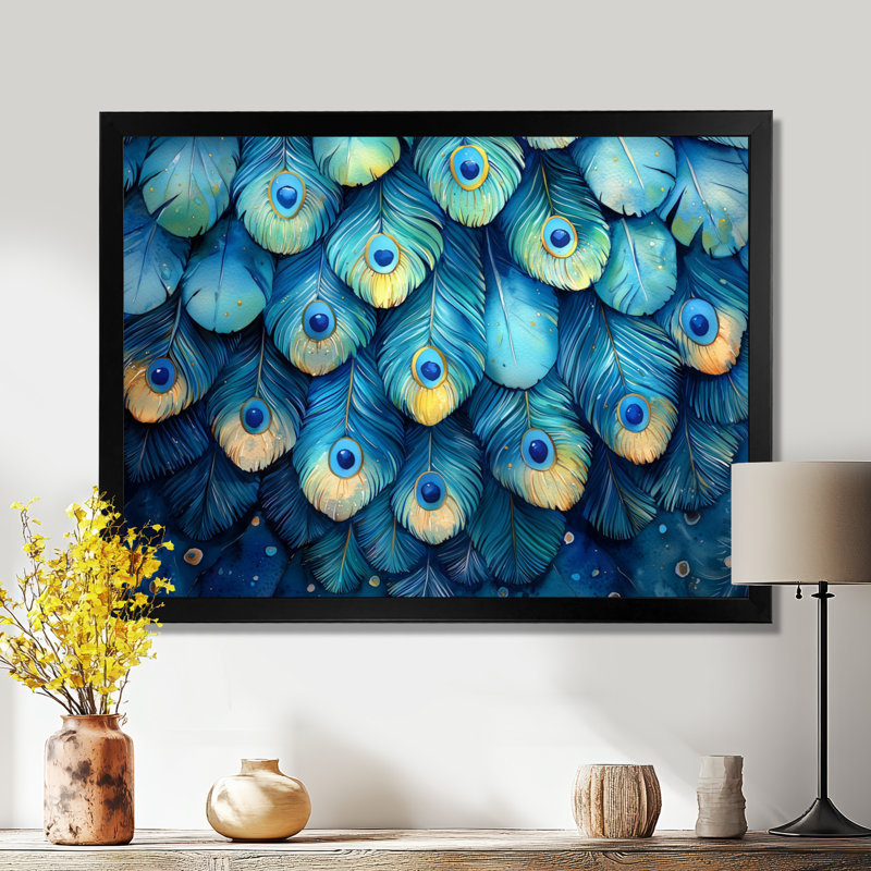 Peacock Feather Collage - art mural oiseau, Cadre simple, Noir, H 12 po x l 20 po