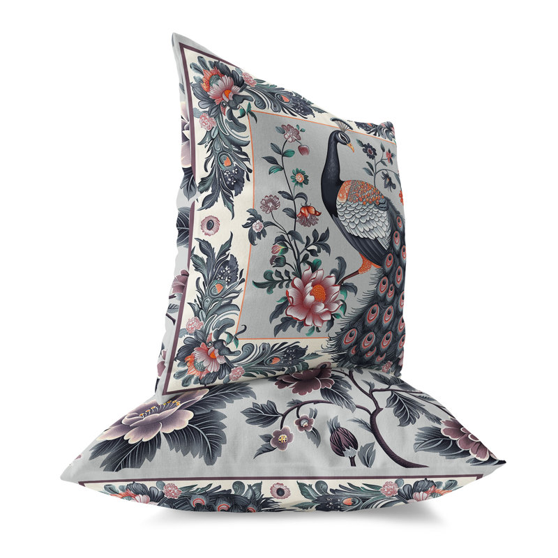 Peacock Blossom  Square Throw Pillow, 16"H x 16"W, Grey/Pink