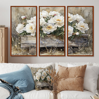 Loin, pivoines près de la cuvette d'eau - pivoines, art mural sur toile - 3 panneaux