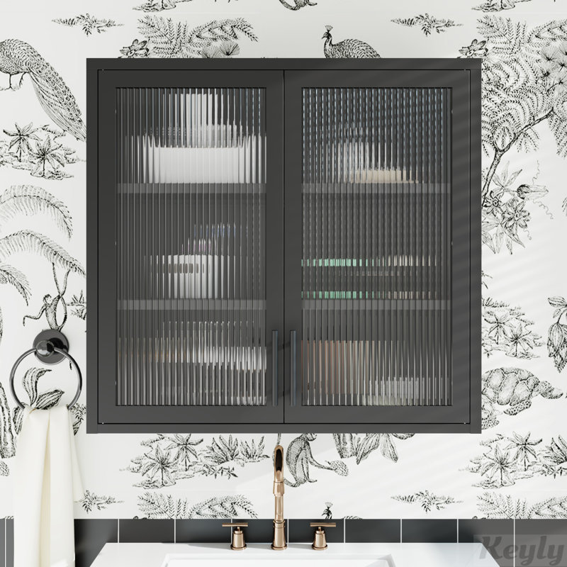 Armoire murale avec portes en verre et 2 tablettes réglables, Noir
