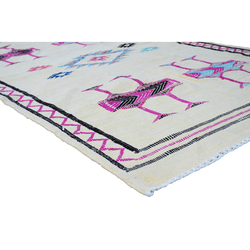 Tapis marocain rectangulaire en soie / laine noué à la main de conception unique 3 pi 7 po x 6 pi 6 po crème / rose / noir / bleu