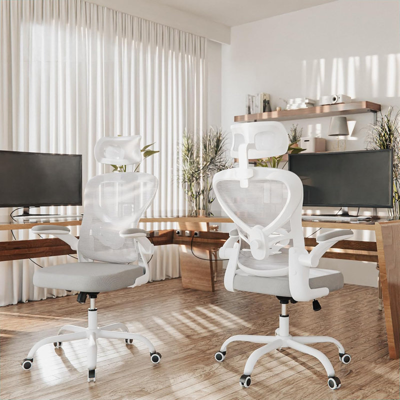 Ergonomic Adjustable Mesh Office Desk Chair - Headrest, Armrest & Lumbar Support, Grey, White
