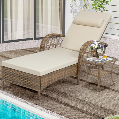 Outdoor Wicker Chaise Lounge Chair, All-weather Pe Rattan Cushioned Patio Lounger Set With Side Table, 6-position Adjustable Outside Pool Sunbathing Recliner With Armrest & Pillow, Beige