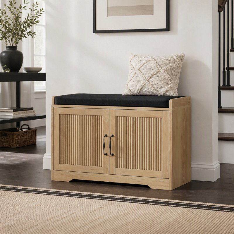 Banc de rangement pour hall d'entrée avec portes doubles, coussin confortable et lattes verticales, Chêne, Chêne
