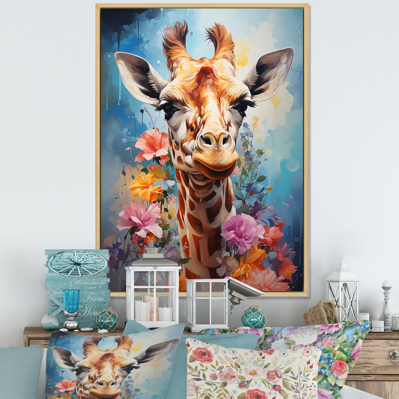 Popart Art, girafe multicolore Grace I sur toile, Cadre naturel flottant, H 32 po x l 16 po x P 1 po