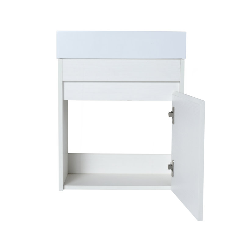 Meuble-lavabo mural 18 po avec lavabo en résine blanche et porte d'armoire à fermeture en douceur 18 po, Grain droit blanc