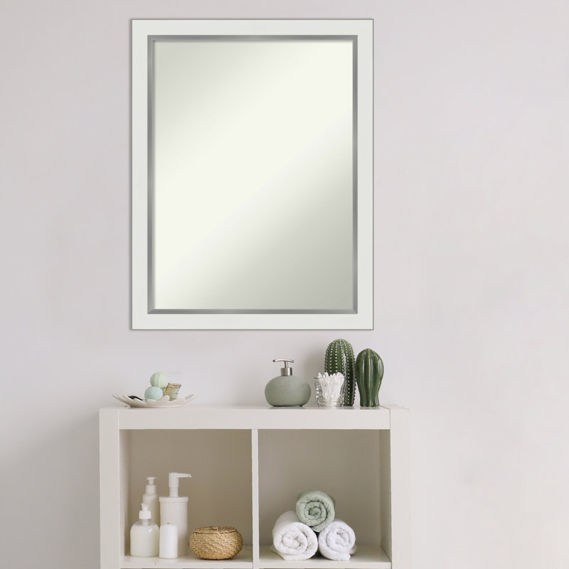 Eva White Silver Narrow Bathroom Vanity Non-Beveled Wall Mirror, 27" H x 21" W