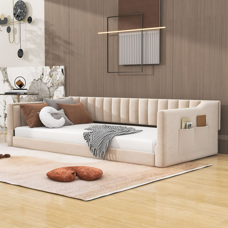 Ensley Upholstered Daybed with Vertical Stripe Design and No Box Spring Required, Beige, Twin XL