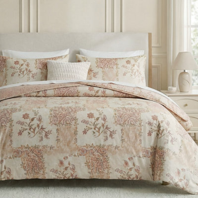 Ensemble de housse de couette pour très grand lit, literie 3 pièces 100% coton à motif cachemire en sergé de coton, housse de couette en patchwork rétro, ensemble de literie romantique respirant doux, rosé crème