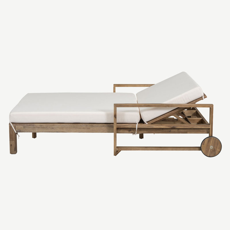 Outdoor Wooden Sunbed Double Chaise Lounge, Beige