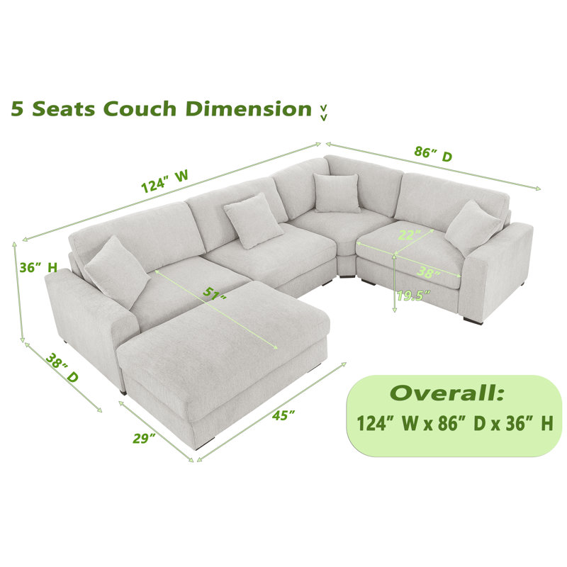 Modular 5 Seats Cloud Sofa Comfy Corner Couch With Movable Ottoman, White Chenille