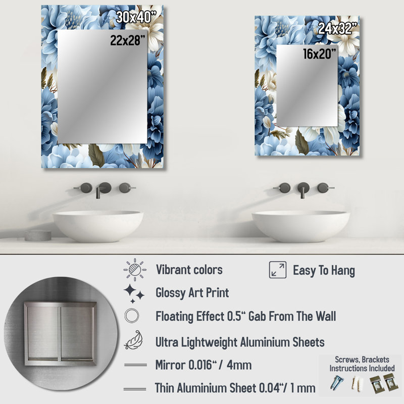 Motif victorien bleu et blanc à motif floral Ledford, 40 po x 30 po