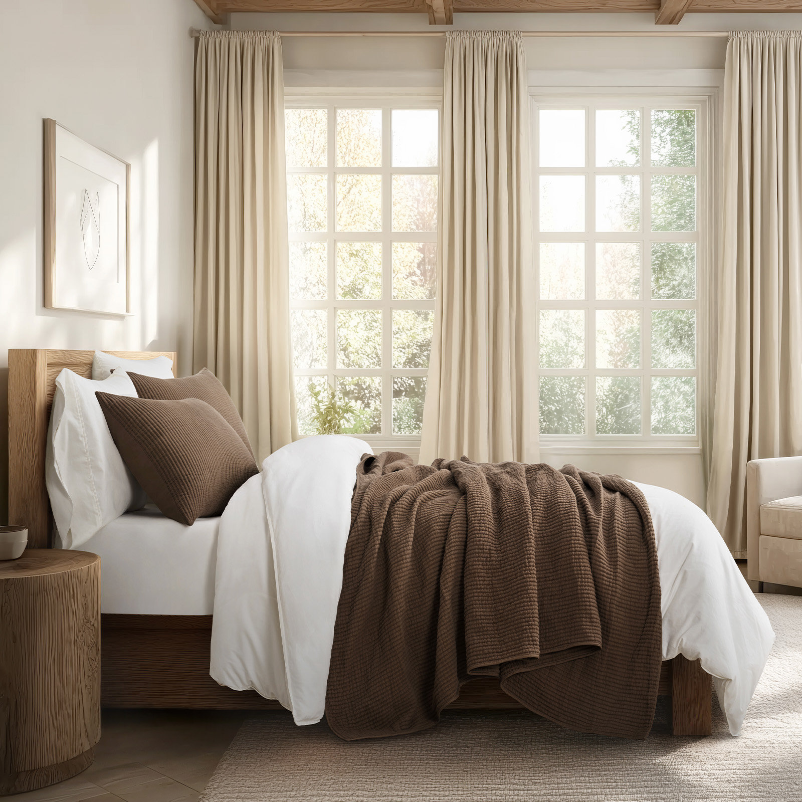 Ribbed Cotton Coverlet Set, King Quilt + 2 King Shams, Dark Brown