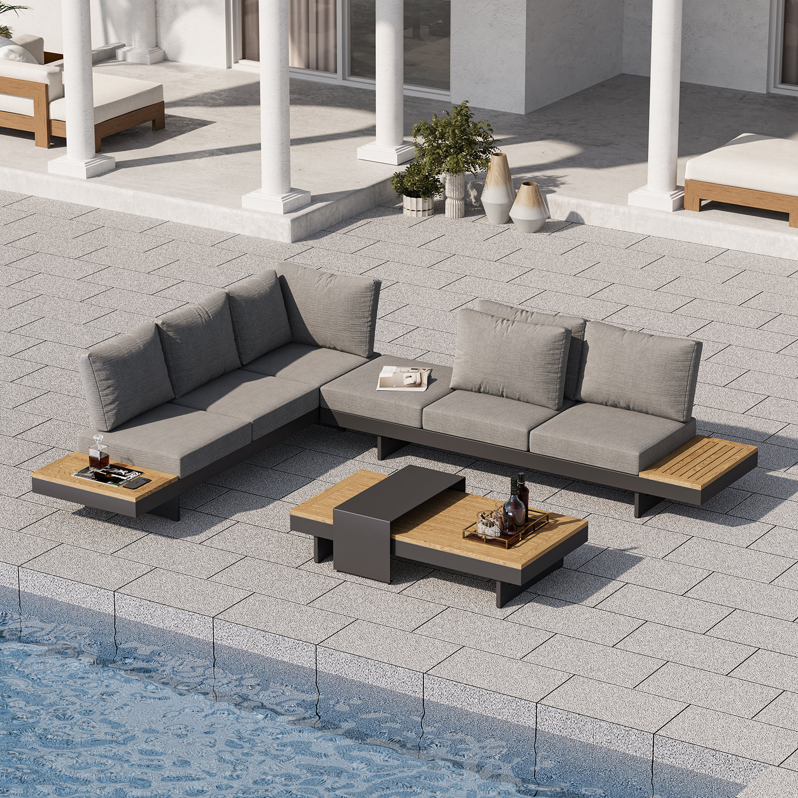 97" Teak Patio Sectional, Gray