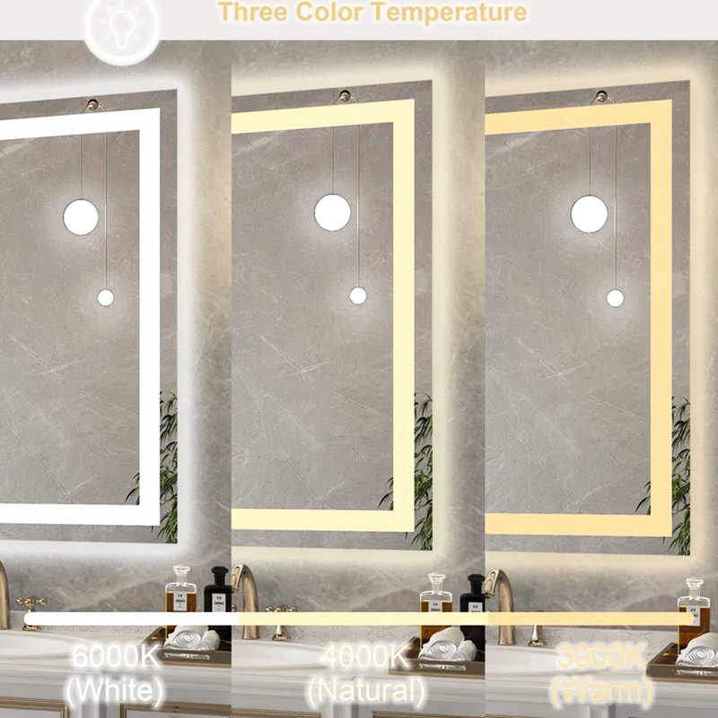 Miroir mural de 36 po x 28 po avec fonction de brouillard, éclairage avant et arrière à intensité variable, double DEL, couleur verticale / horizontale, bandes à DEL, montage horizontal / vertical