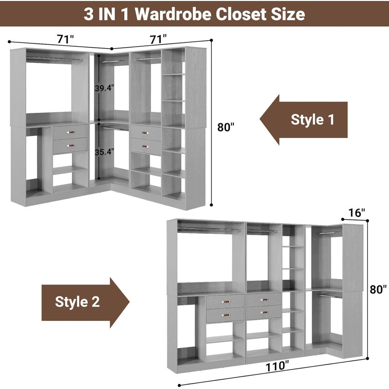 Natashia 71'' - 110'' W  Freestanding Closet System with Drawers, Grey