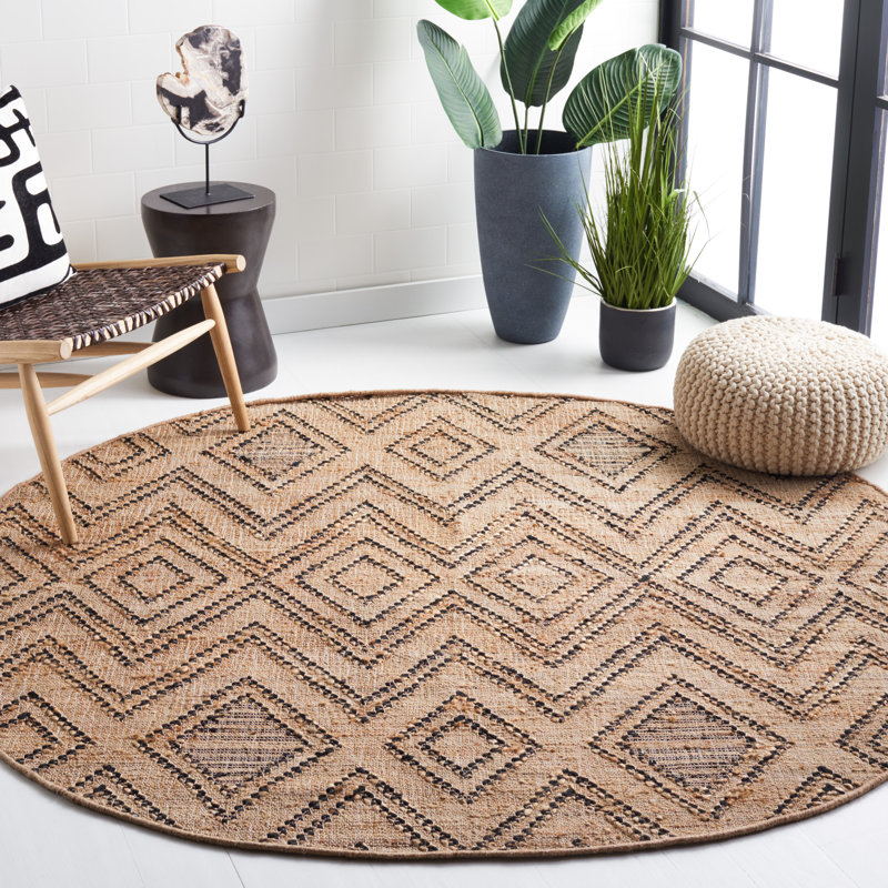 Tapis géométrique en jute / laine / coton à tissage plat Araliya, Rond 6 pi