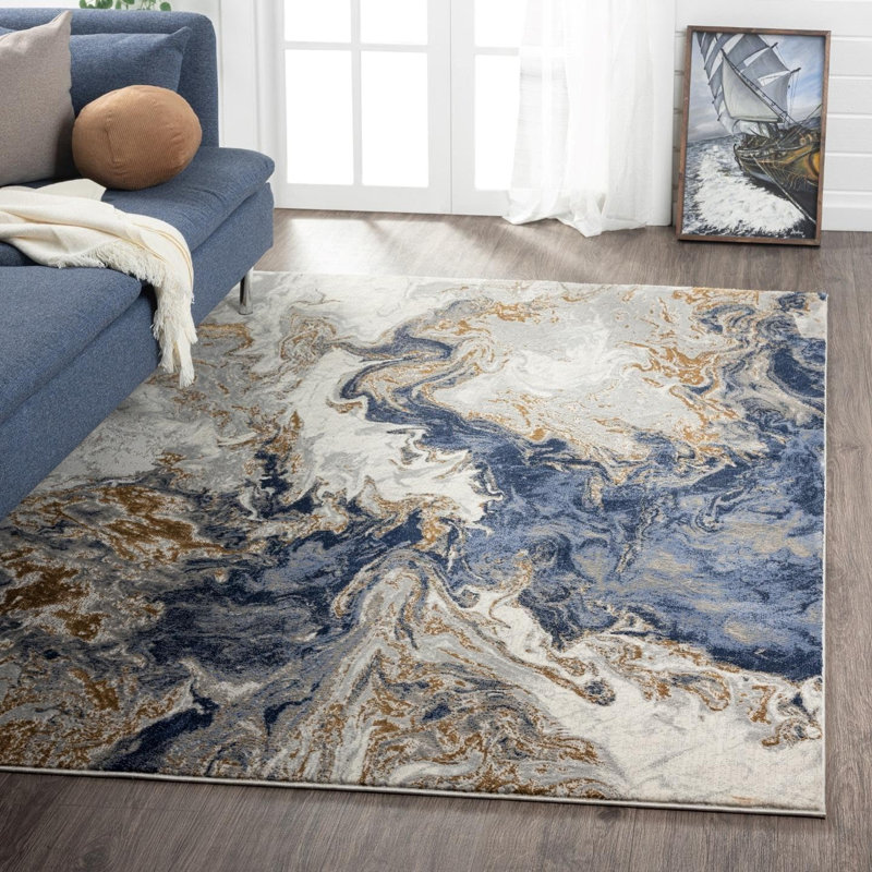 Tapis abstrait bleu, antidérapant et antidérapant de 6 pi x 9 pi pour salle de séjour, chambre à coucher et bureau