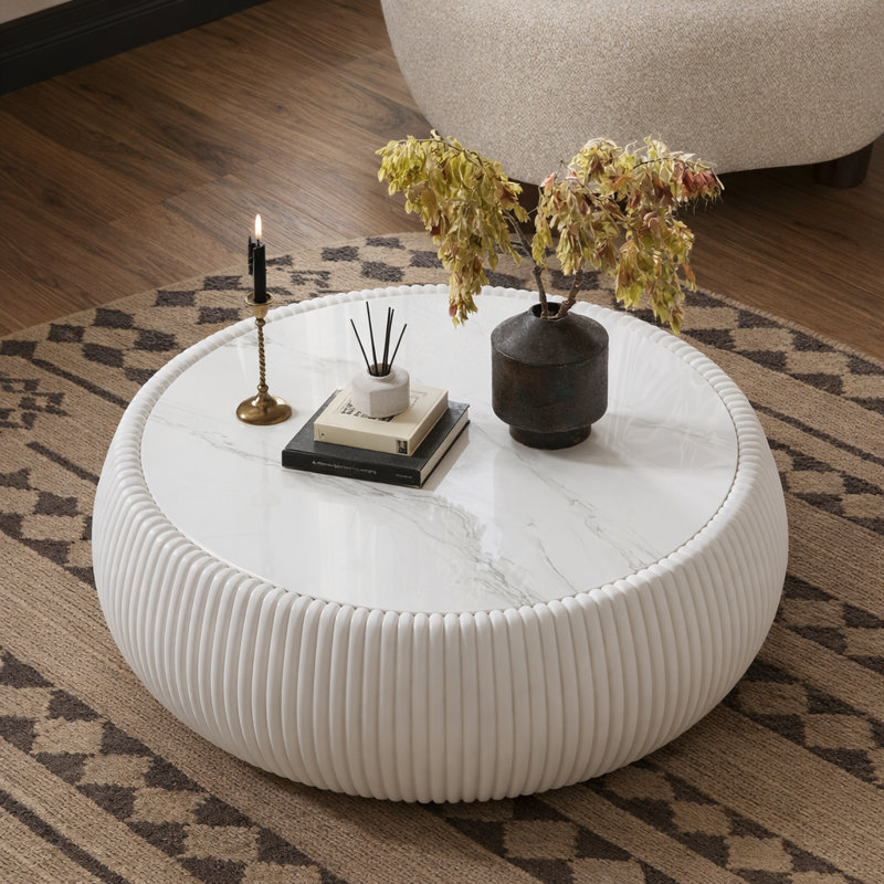 Table basse hybride en cuir et marbre, Blanc